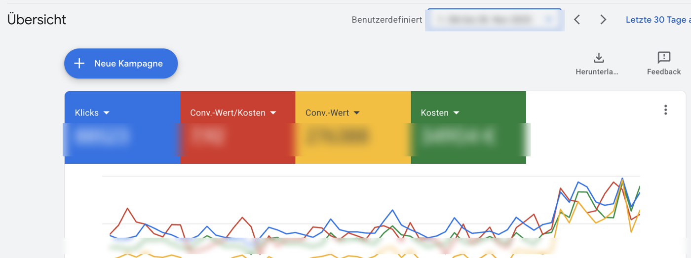 Anonymisierte Google-Ads-Kontoübersicht nach Übernahme: deutlich effizientere Kampagnen