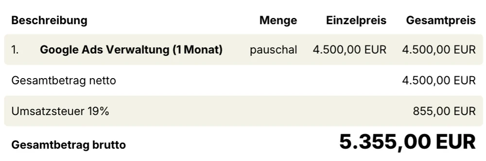 Rechnung über eine monatliche Pauschale für Google-Ads-Verwaltung, ohne Leistungsnachweis.