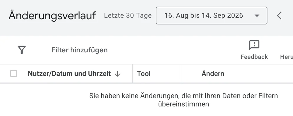 Änderungsverlauf eines Google-Ads-Kontos über 30 Tage: keine einzige Änderung.