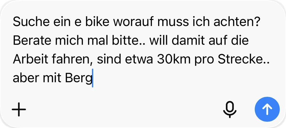Eingabe in ChatGPT: Suche ein E-Bike, worauf muss ich achten? Berate mich mal bitte, will damit auf die Arbeit fahren, sind etwa 30 km pro Strecke, aber mit Berg.