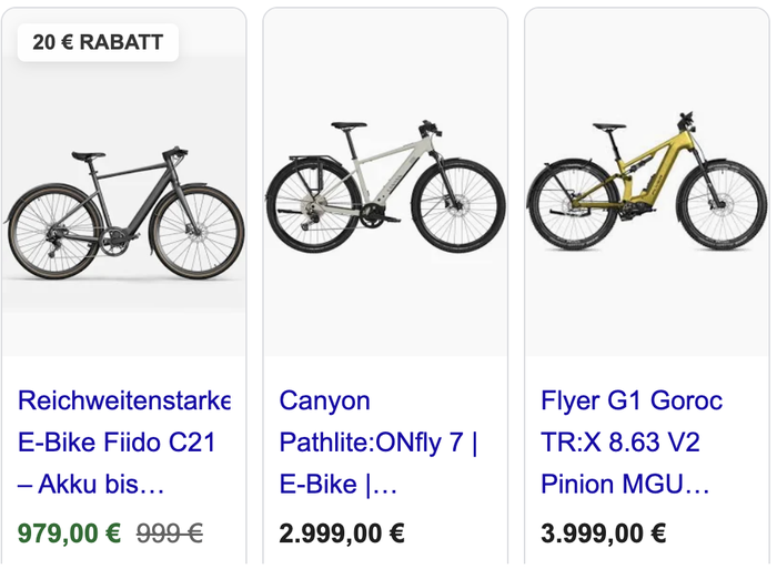 Gesponserte Produkte in der Google-Suche nach e bike: drei E-Bikes mit Preisen zwischen 979 und 3.999 Euro.